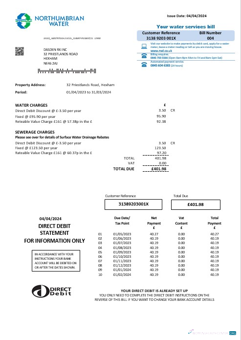United Kingdom Northumbrian Water business utility bill template in Word and PDF formats, version 2